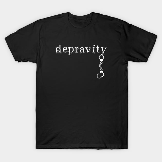 Depravity Handcuffs Hanging Dark Monotone T-Shirt by depravitee